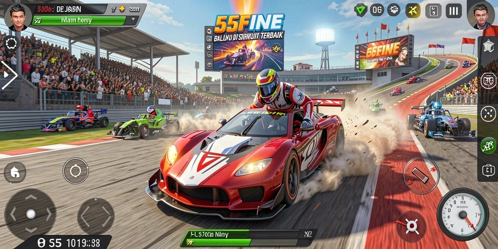 Tangkapan layar gameplay 55FIVE menampilkan balapan seru di sirkuit yang menantang.