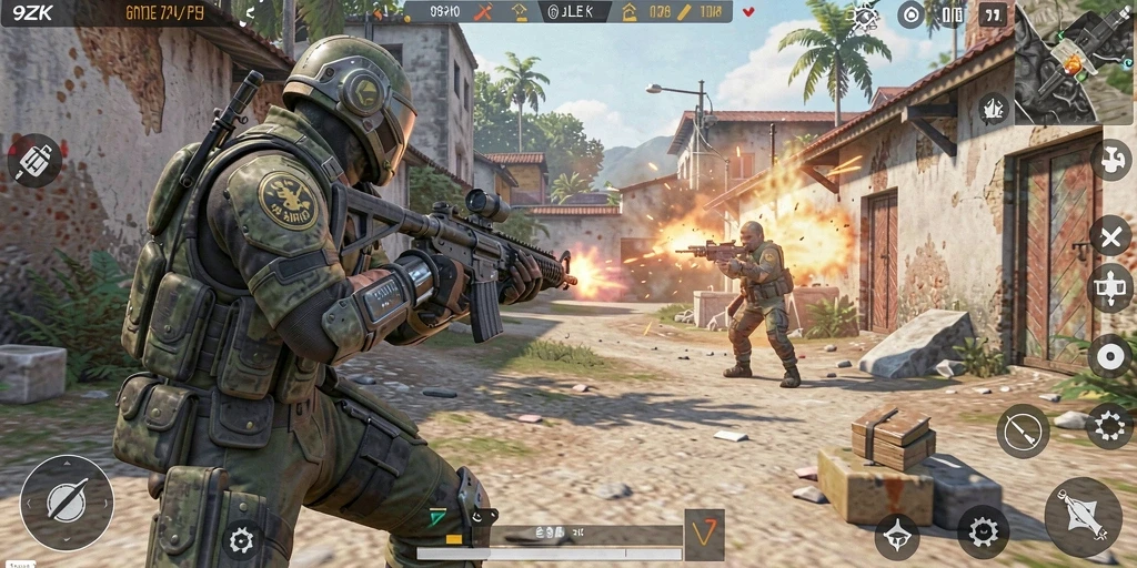 Screenshot menampilkan pertempuran seru dalam game FPS 9ZK.