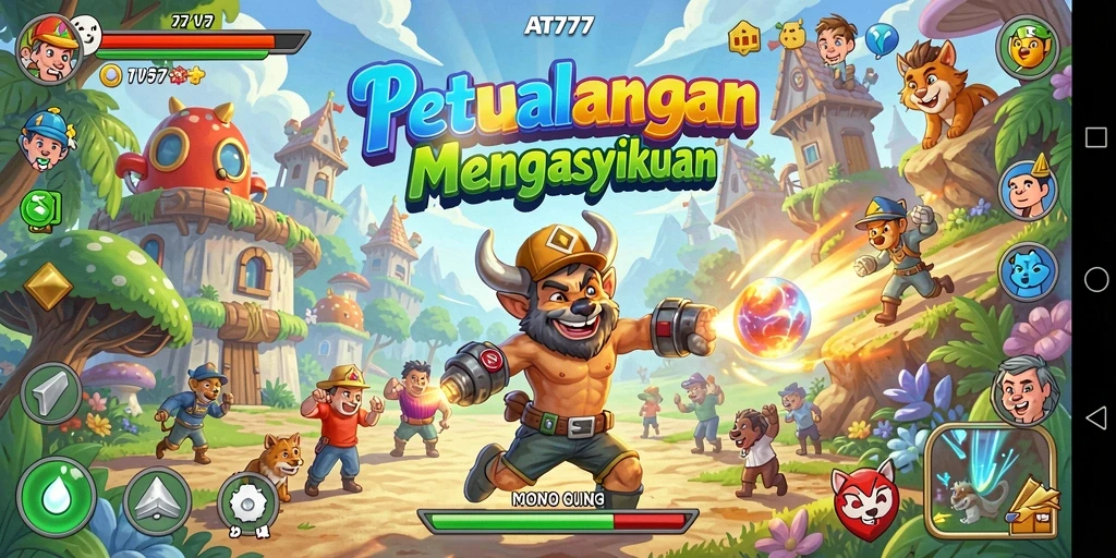 Tampilan gameplay AT777 yang penuh aksi dan warna-warni.