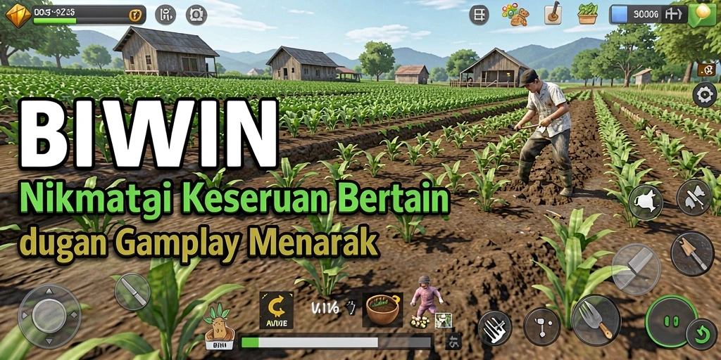 Tangkapan layar utama BIWIN menunjukkan pemain sedang bertani dengan tanaman subur.