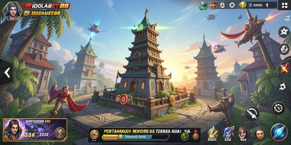 Tangkapan layar gameplay IDOLABET88 menampilkan aksi menara yang intens dan musuh yang menyerang.