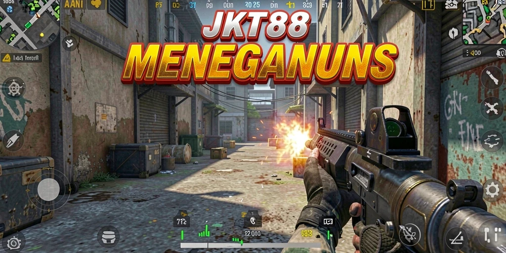 Screenshot utama JKT88 menunjukkan aksi gameplay FPS yang mendebarkan.