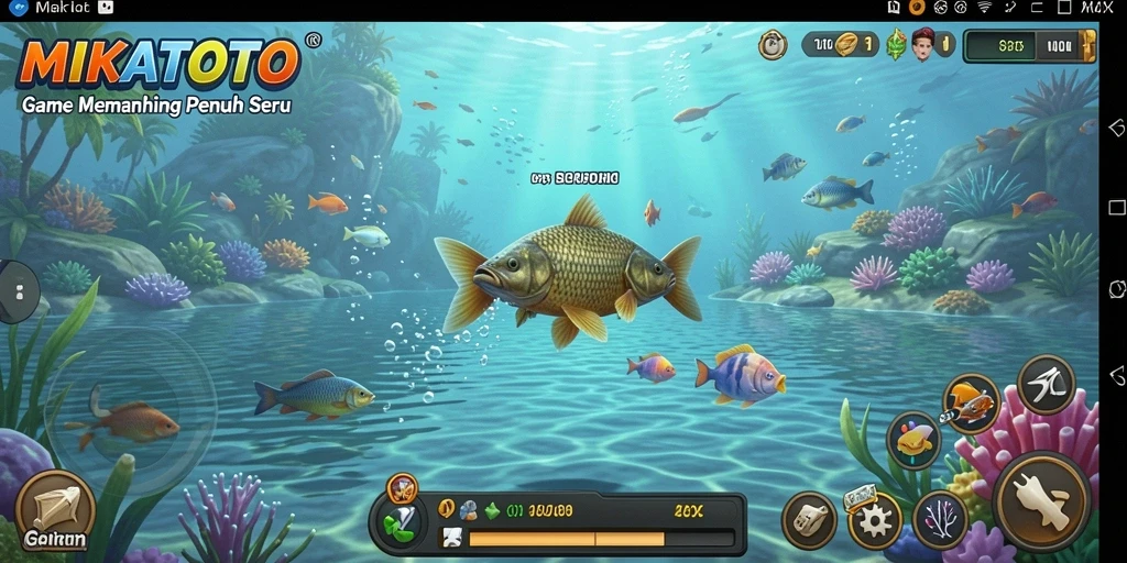 Screenshot gameplay MIKATOTO menampilkan keseruan memancing di lokasi indah.