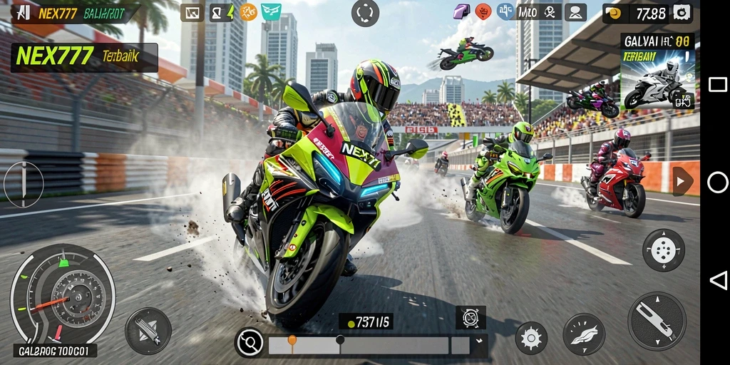 Tampilan gameplay seru di NEX777 dengan aksi balapan motor intens.