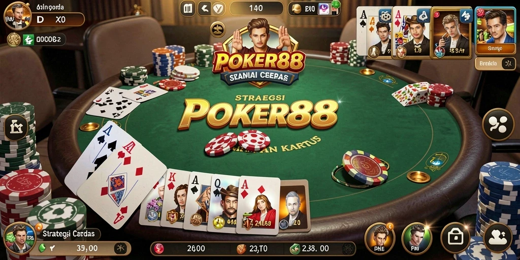 Screenshot gameplay POKER88 dengan strategi intens dalam permainan kartu.