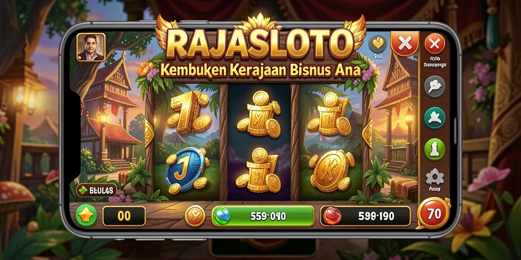 Screenshot utama RAJASLOTO menampilkan aksi mengelola bisnis Tycoon.