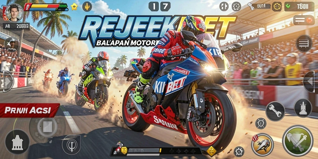 Tampilan gameplay seru dari REJEKIBET saat balapan motor.