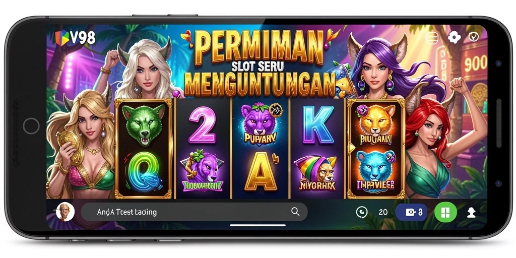 Screenshot utama V98 menampilkan gameplay penuh aksi dengan tema slot yang menarik.